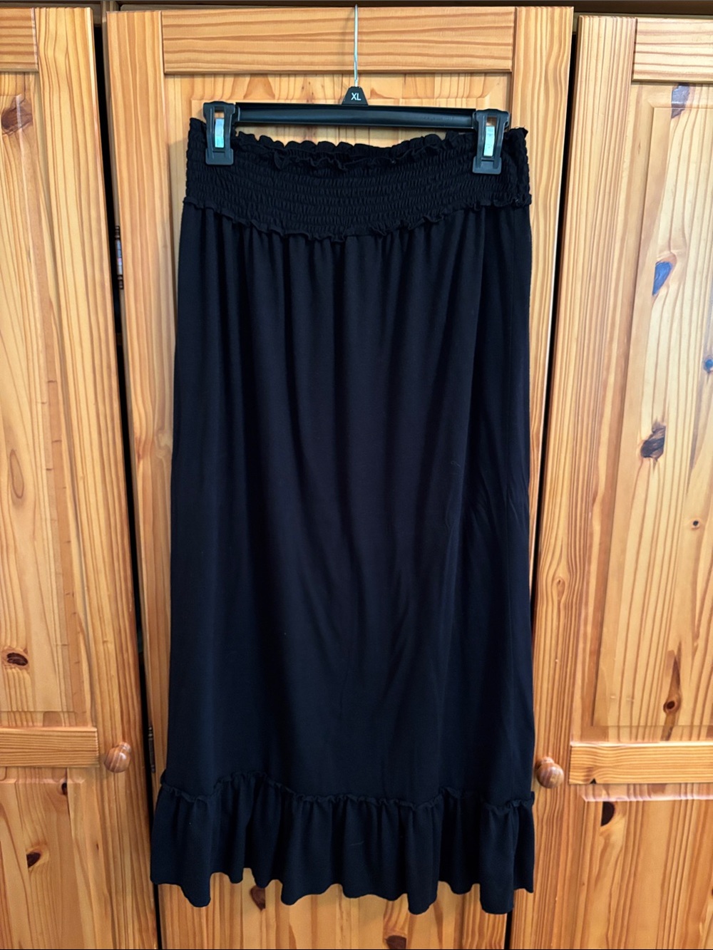 Route 66 Black Smocked-Waist Maxi Skirt w/Ruffle Hem used for swimsuit coverup.